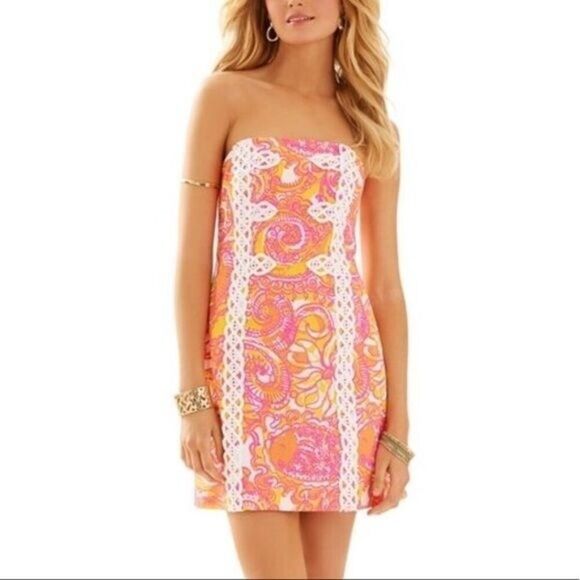 Lilly Pulitzer Size 4 Strapless Pink and Orange Tansy Dress Summer Tropical - Picture 7 of 7